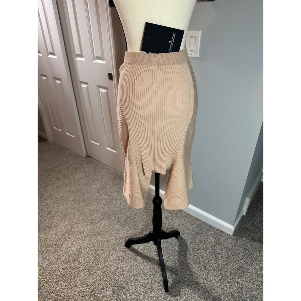 Designers Remix Ribly Minimalist Chic Flared Skirt Tan Knit Midi Asymmetrical L